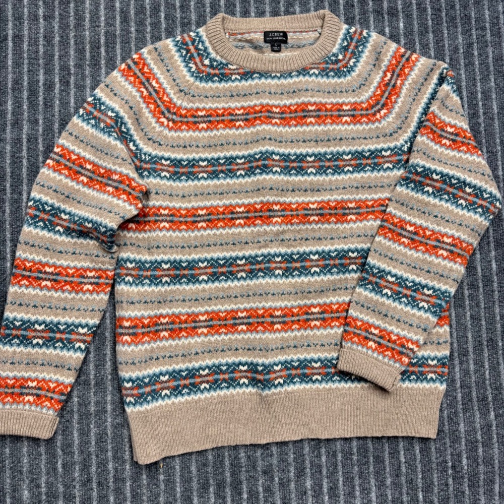 J.Crew Mens Lambswool Fair Isle Sweater Size L Brown Orange Blue K2856 Crewneck
